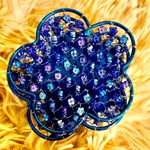 Jewelry box Beaded metallic blue metal flower shaped box with lid storage decor